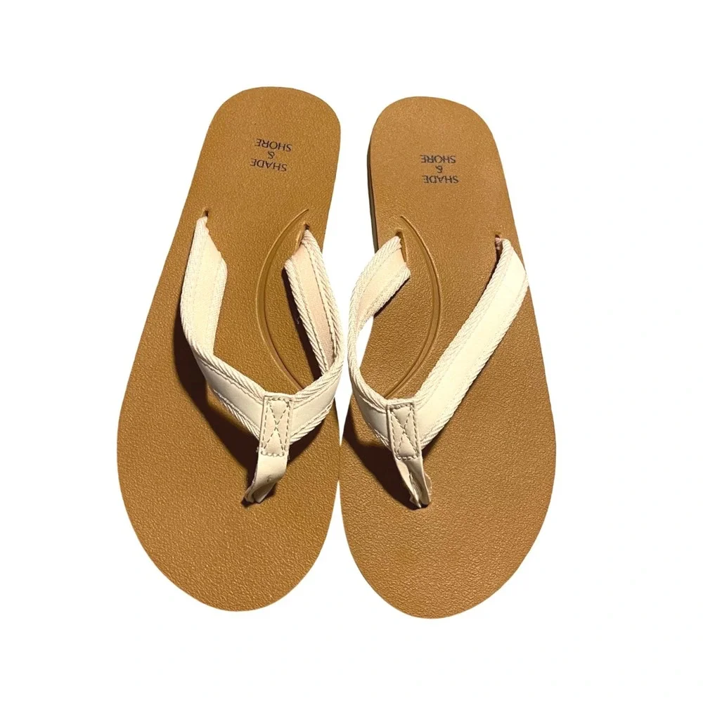 Shade Shore Women Flip Flops Thong Sandals Tan‎ White Size 7 Beach Casual